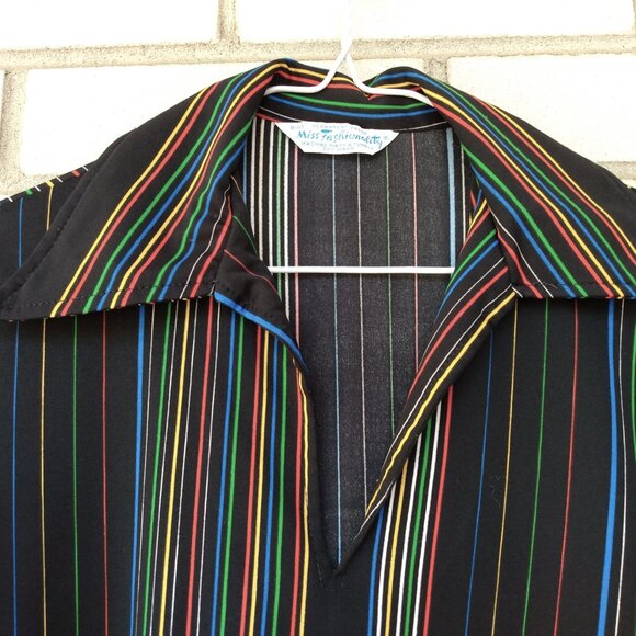 Vintage 70s Tunic Top 35" Bust Black Stripes Butterfly Collar Miss Fashionality - Picture 4 of 11